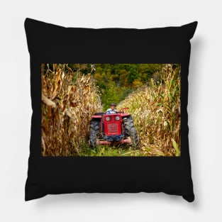 Old farmer driving the tractor in the cornfield Pillow