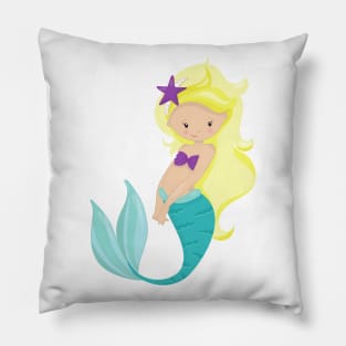 Cute Mermaid, Little Mermaid, Blonde Hair, Star Pillow