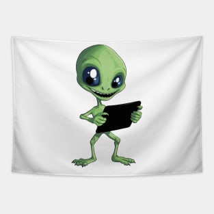 cartoon green alien holding tablet in hand Tapestry