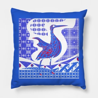 egret bird in talavera nest in mexican pattern art ecopop in blue dark Pillow