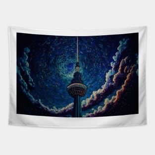 A tall tower under a cloudy sky. Tapestry