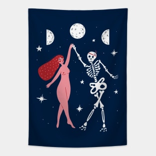 Woman Dancing With Skeleton under Full Moon illustration Tapestry