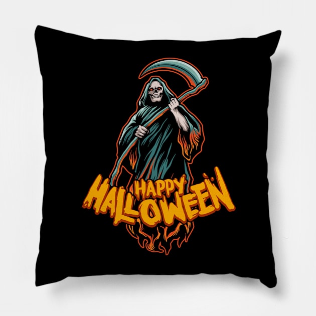 Scary Grim Reaper // Happy Halloween Pillow by SLAG_Creative