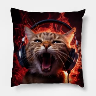 Cat wearing Headphones and Sunglasses listening Hard Song Pillow