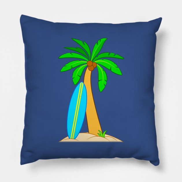Tropical Surf Board and Palm Tree Pillow by PenguinCornerStore