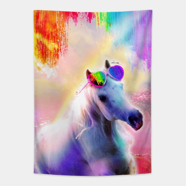 Rainbow Horse Wearing Love Heart Glasses Tapestry by Random Galaxy