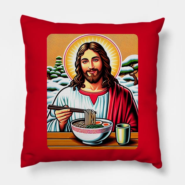 Jesus Christ Eating Ramen Drinking Matcha Japanese Garden White Christmas Pillow by Plushism