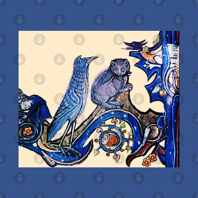 WEIRD MEDEVAL BESTIARY, CAT AND CUCKOO BIRD IN BLUE by BulganLumini