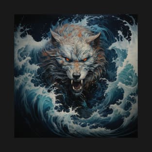 Wolf bursting through a wave. T-Shirt