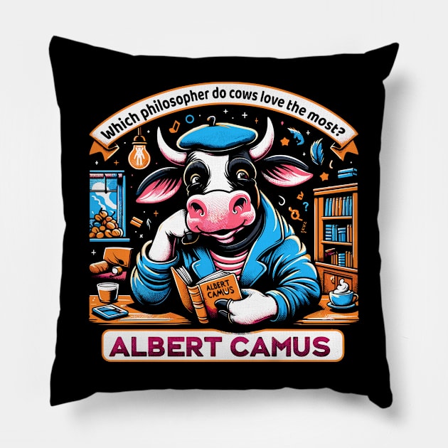 Philosophical Cow Enjoys Camus Pillow by positivedesigners