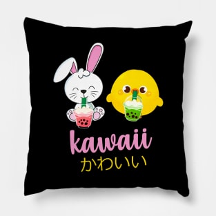 Kawaii cute anime bunny and duck drinking bubble tea Pillow