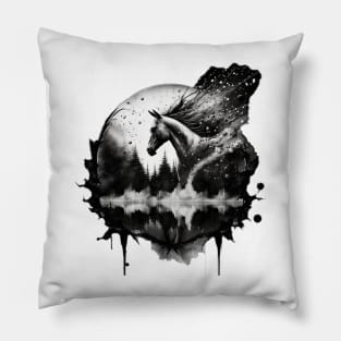 Galloping Shadows: Ink Splatter Horse in Round Shadow Box Pillow