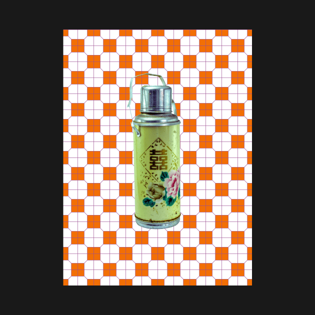 Vintage Thermos Green with Orange Tile Pattern - Retro Hong Kong by CRAFTY BITCH