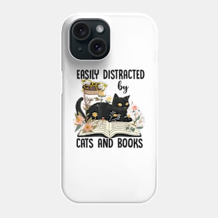 Easily Distracted By Cats And Books Reading 2023 Flower Cat Book Lover Phone Case