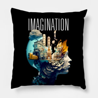 Imagination: Where Wonders Are Born -- A digital illustration of a young person's mind and imagining thru the wonderment of their imagination with the word "Imagine" above on a Dark Background Pillow