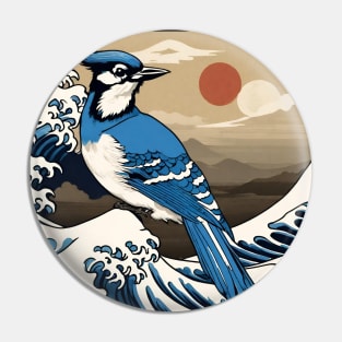 Vintage Blue Jay Bird in Sunset with The Great Wave Bird Watching Dad Pin