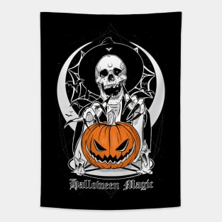 Halloween Magic, Trick or Treat, scary art, pumpkin, skull, bat, horror tshirt Tapestry