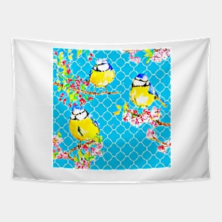 Yellow tit birds on blue lattice background Tapestry