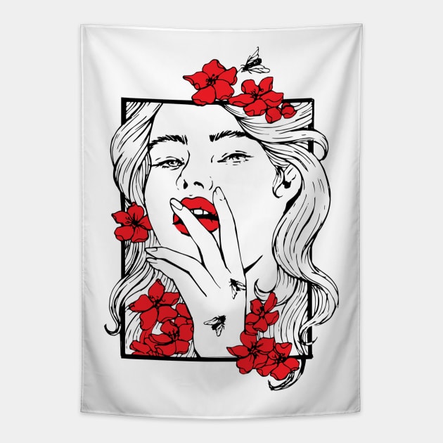 Red Cherry Blossoms Tapestry by jennyalamode