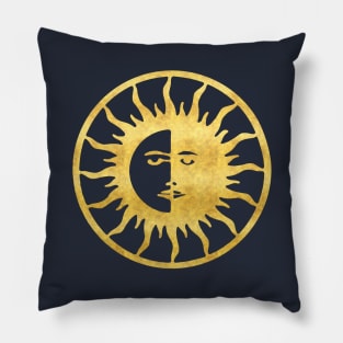 Golden Sun and Moon Symbol on Blue Background Pillow