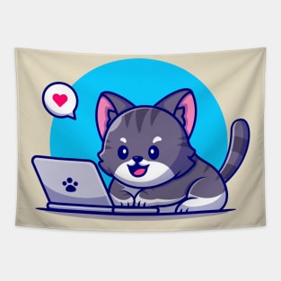 Cute Cat Working On Laptop Cartoon Tapestry