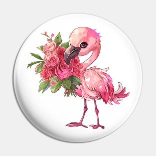 Valentine Flamingo Giving Flowers Pin