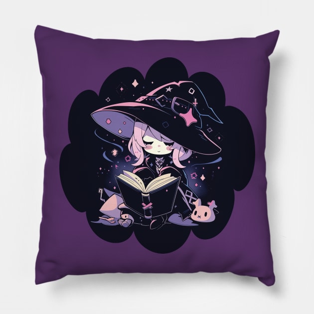 Baby Witch Leo Zodiac Sign Reading Spell Book Chibi Style Pillow by The Little Store Of Magic