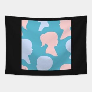 Child Silhouettes - Pale Pink and Blue on Turquoise Background Tapestry