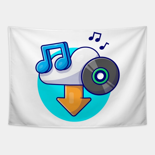 Cloud Download Music with Vinyl, Tune and Note of Music Cartoon Vector Icon Illustration Tapestry by Catalyst Labs