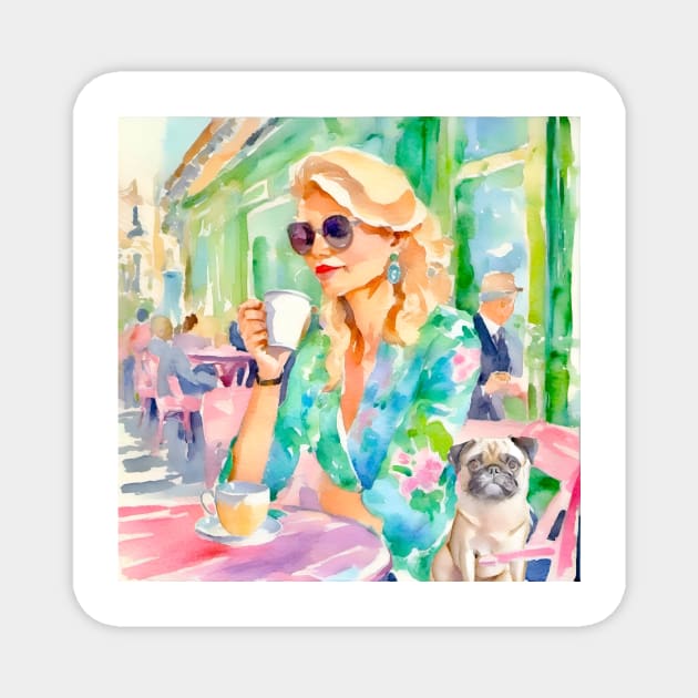 Girl and her pug in a Parisian cafe, watercolor painting Magnet by SophieClimaArt