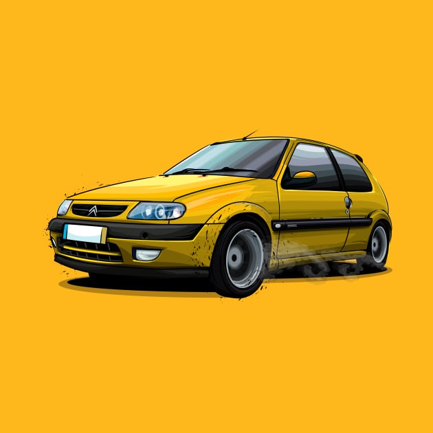 Citroen Saxo Illustration - Yellow by Mario Ramos Rally Art