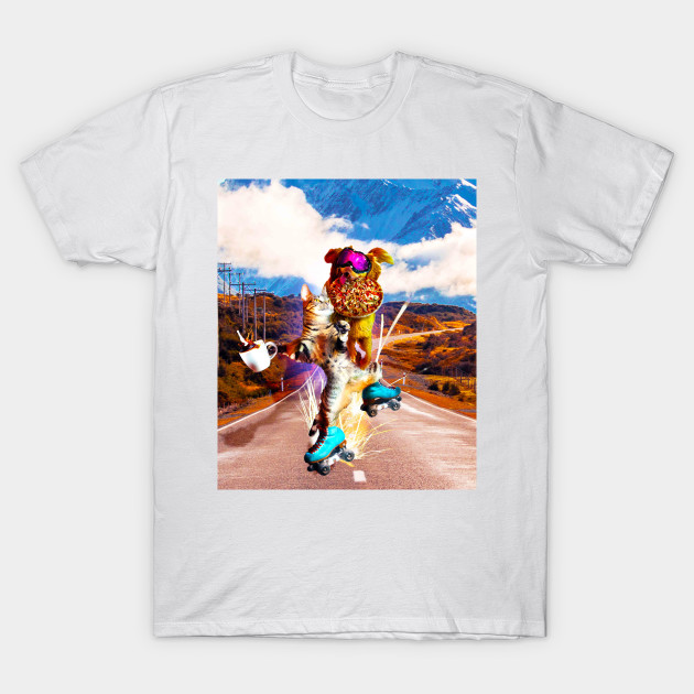 Dog Cat On Roller Skates With Pizza Coffee Roller Skates T Shirt Teepublic