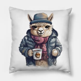 Alpaca wearing a jackets holding a cup coffee Pillow