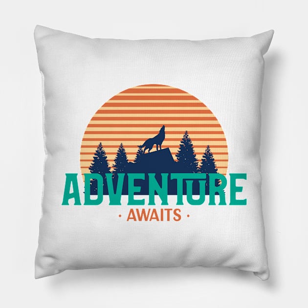 Adventure Awaits Retro Wolf Howling Pillow by Nature Lover Apparel