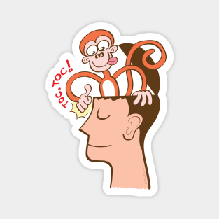 Let's meditate. Mad monkey knocking on the forehead of a man in meditation Magnet