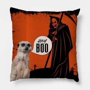 Cute Meerkat- Saying 'Hey Boo' to the Halloween Grim Reaper Pillow