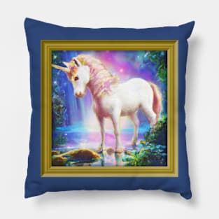 A golden unicorn in a pond Pillow