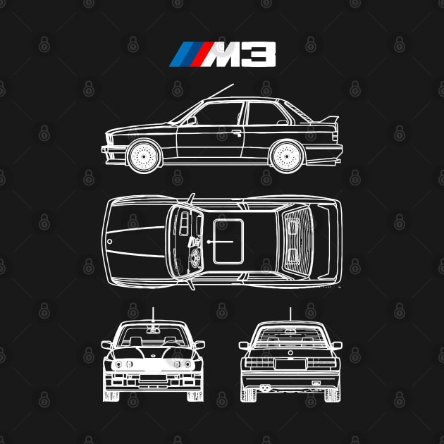 BMW E30 M3 Blueprint in White by Industree Designs