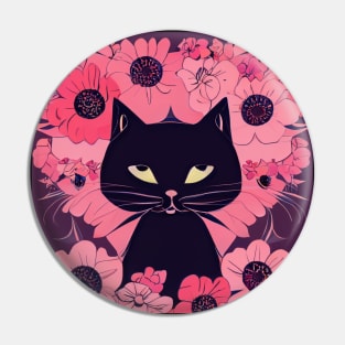 Mystical Black Cat Surrounded by Enchanting Pink Flowers Pin