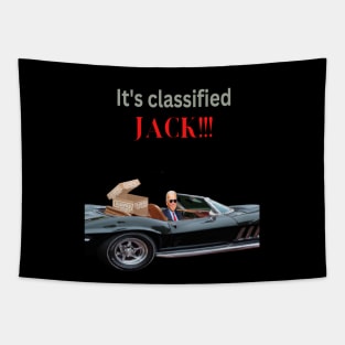 Joe Biden in his Corvette with classified box, funny mugs, gift mug, apparel, t-shirts, shirts Tapestry