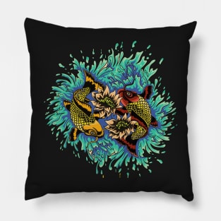 Koi Fish Swimming In Lotus Flower Pond Pillow