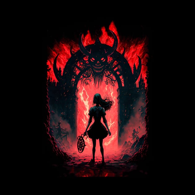 Anime Cute Girl Standing infront of gates of Hell by Bubblebug