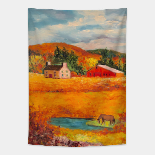 Autumn Farm Oil Painting Farm Tapestry Teepublic