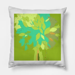 Tree, summer leaf green teal blue yellow gold fiber art textile mixed media digital Pillow