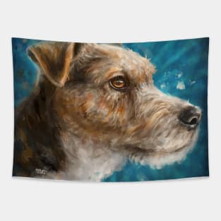 Painting of a Parson Russell Terrier on a Blue Background Tapestry