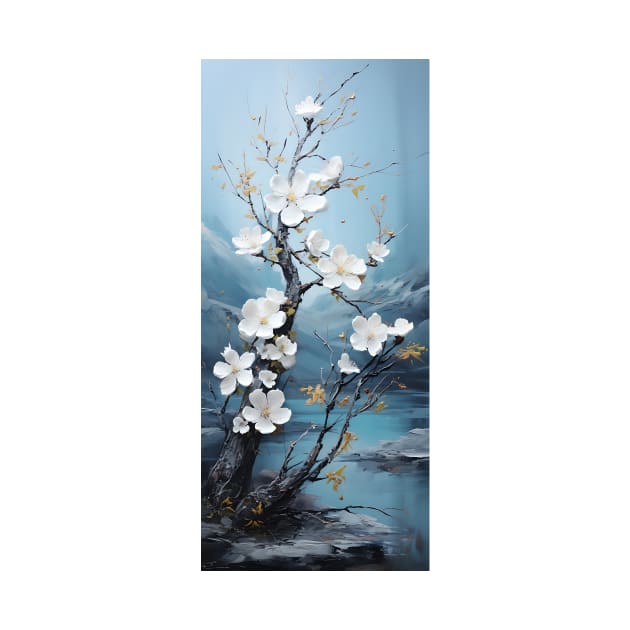 Landscape art of a tree blossoming with white flowers by UmagineArts