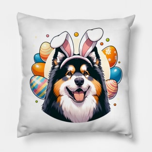 Lapponian Herder Enjoys Easter with Bunny Ears Pillow