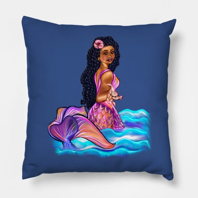 Mermaid  with rainbow coloured colored fins, hibiscus, outstretched  arm, brown eyes, Curly hair  and caramel brown skin - light background Pillow by Artonmytee