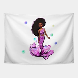 Best Mermaid gifts top 10 2022 Coco the Magical rainbow mermaid with brown eyes, flowing Afro hair and caramel brown skin - light background Tapestry