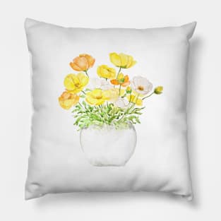 yellow orange and white poppies in pot Pillow